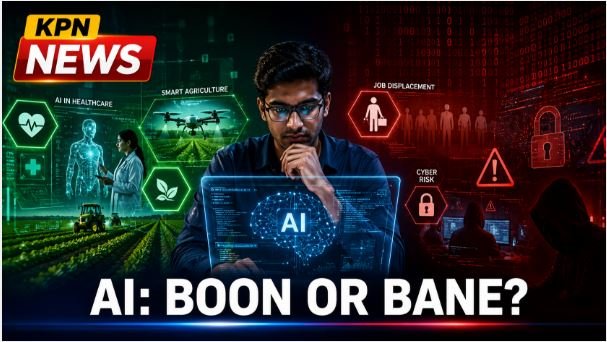 this is my featured image of the article " AI Boon or Bane in Kannada " this is my keyword, give me alt text which should contain keyword, also give me caption and description