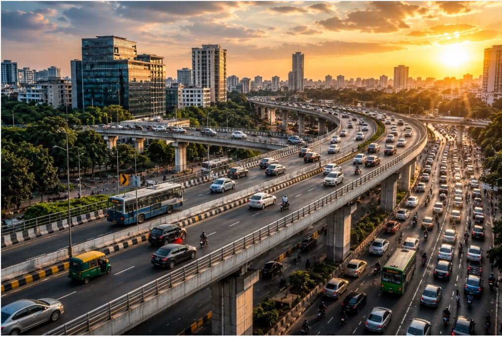 Bengaluru Traffic Alert showing busy city flyovers and heavy traffic